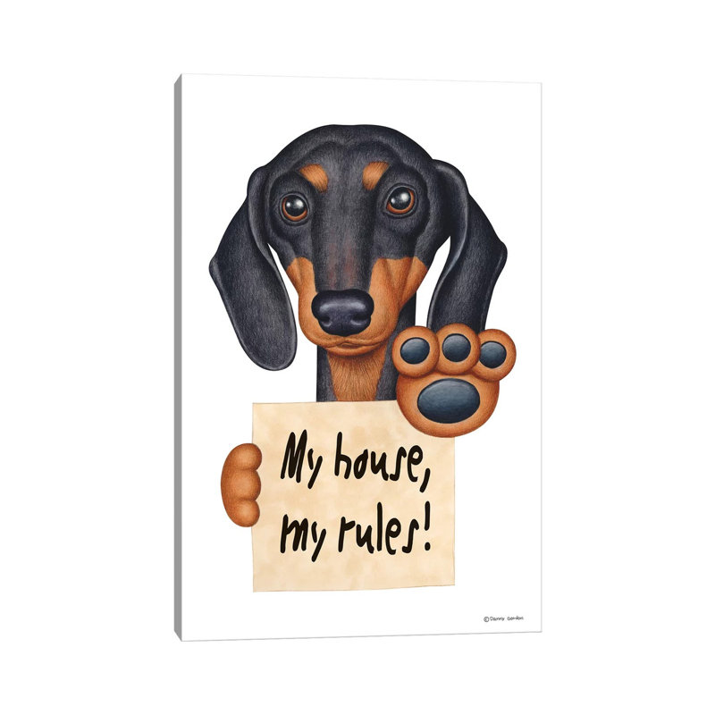 «Dachshund My House» par Danny Gordon - peinture sur toile tendue, H 26 po x l 18 po x 1,5 po