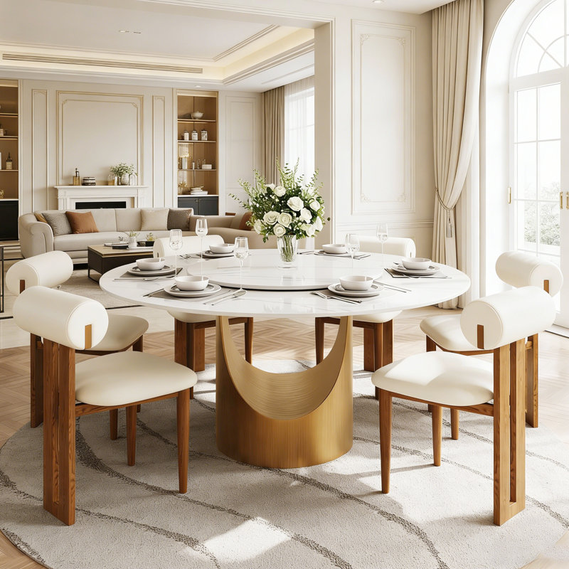 51" Modern Round Dining Table With Lazy Susan, White Stone Top, H 29,53 po x L 51 po x l 51 po