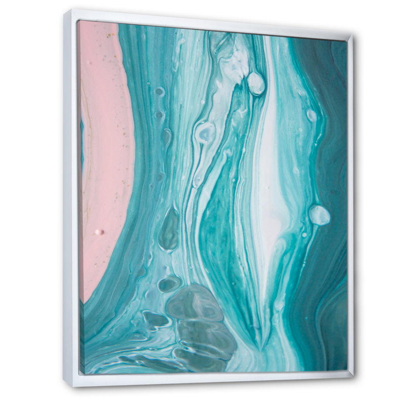 Marbre luxueux turquoise fluide Art III - décoration murale moderne sur toile, H 32 po x l 16 po x P 1 po, Cadre photo blanc