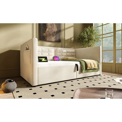 Beige Velvet Upholstered Twin Daybed With Hydraulic Storage Bed Frame, Type - C Charging, Wooden Slats, And Back, A Stylish Solution Storage, Ensuring Comfort Practicality Without Mattress