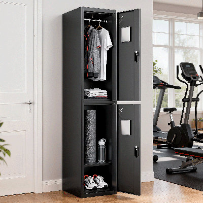 Metal Locker Organizer For Employees, 2 Doors Lockable Cabinet With Hanging Rod and Mirror For Office Gym School