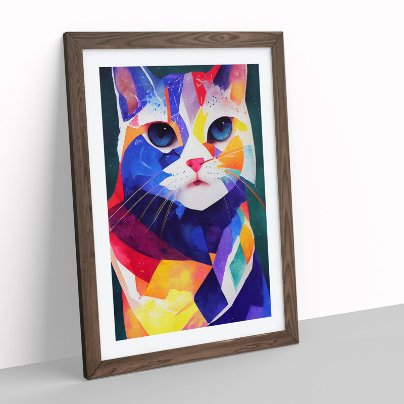 Colourful Cat No.2 Abstract - Wall Art, 36cm H x 27cm W x 2cm D, Walnut Framed, White