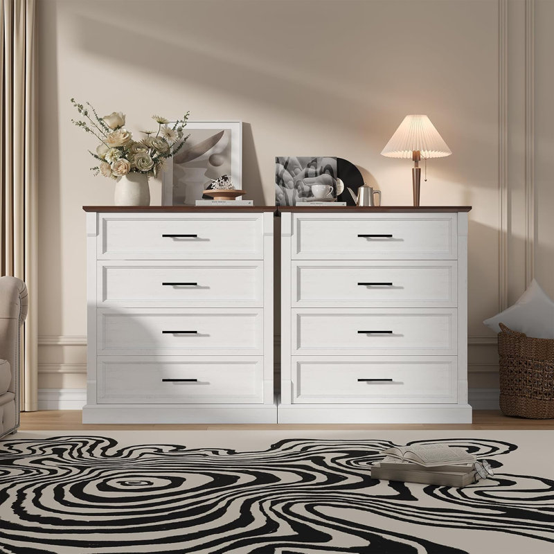 Commode haute blanche à 4 tiroirs de style ferme, chambre moderne, Blanc