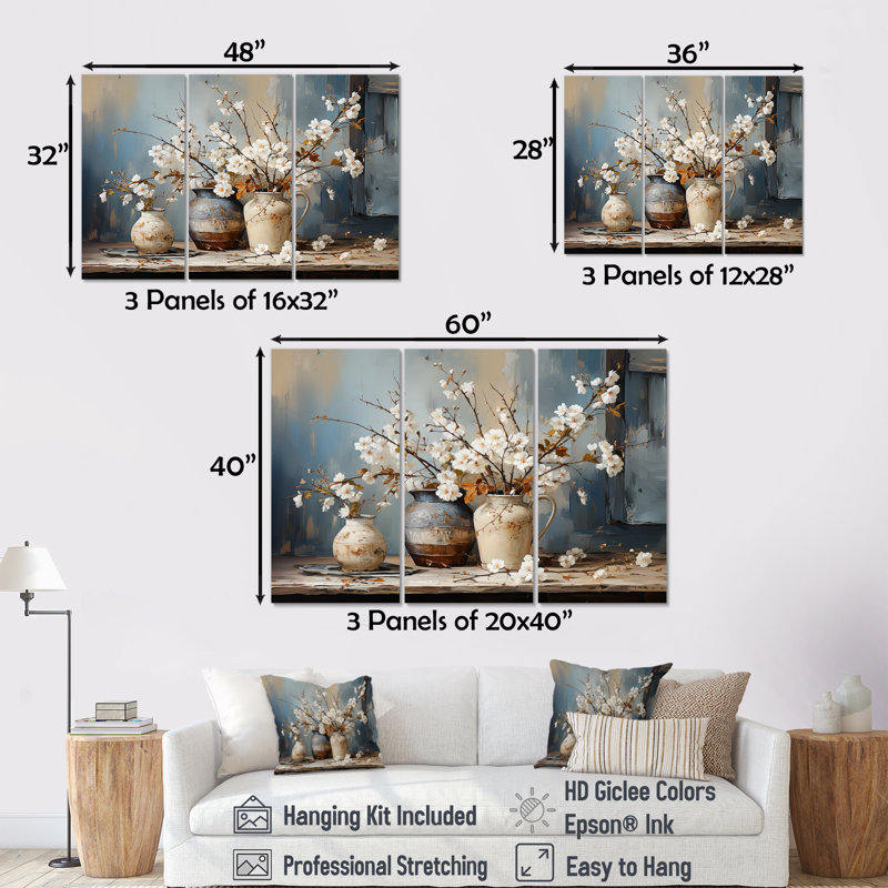 Poterie et fleurs, nature morte I - ensemble d'art mural toile sur arbre, H 32 po x l 48 po x P 1 po