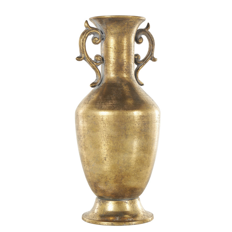 Riney Metal Weathered Vintage Amphora Decorative Gold Vase with Scroll Handles