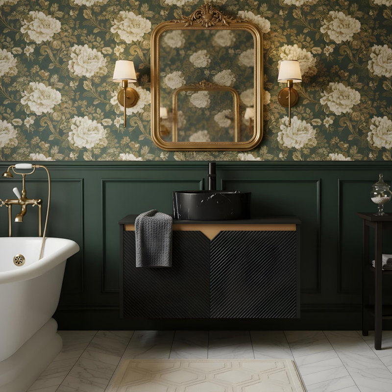 Meuble-lavabo de 30 po avec lavabo, avec lavabo rond en céramique à finition effet pierre et comptoir en pierre frittée noire.