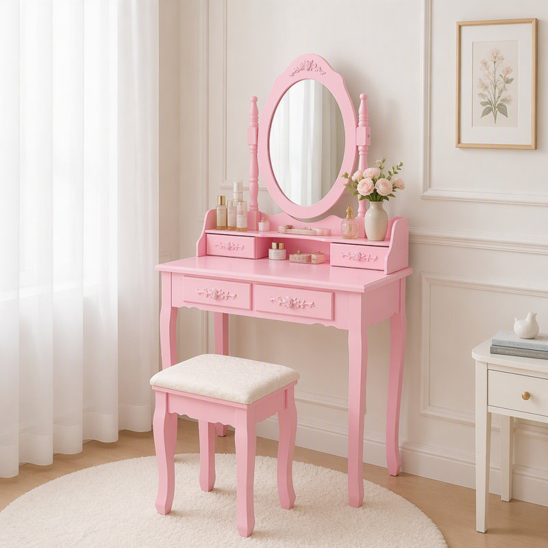 Ensemble de coiffeuse princesse avec miroir DEL et 4 tiroirs, Ordinary Rotating Mirror, Rose