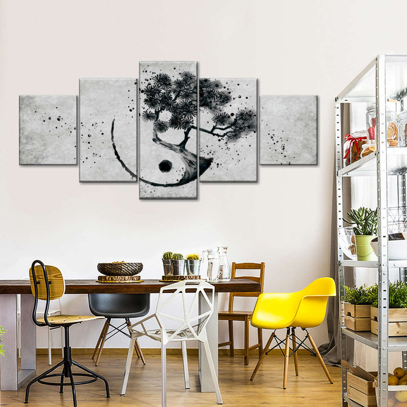 Ensemble de 5 pièces Bonsai Yin Yang sur toile, H 55 po x l 24 po x P 1,25 po