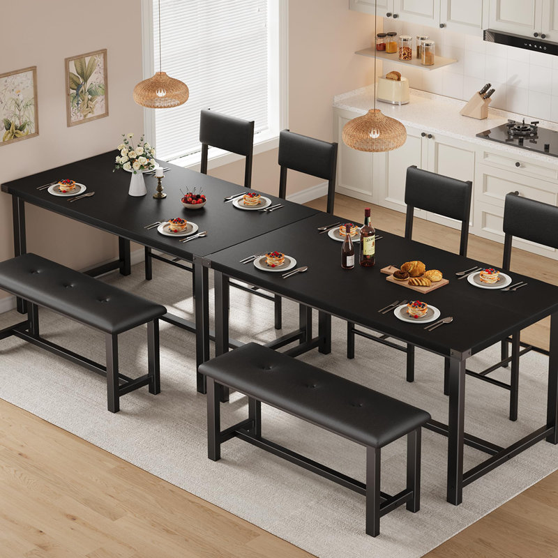 Wooden Dining Table Set for 4 Kitchen Table and 2 Upholstered Chairs with Bench Rectangular Dining Room Set for Small Space Apartment Home Easy Assembly Retro Black