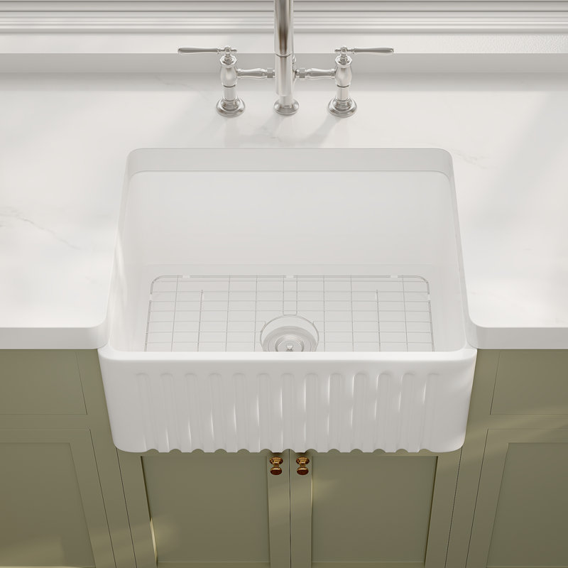  Brooklyn 24" W x 18" D Ceramic Farmhouse Apron-Front Kitchen Sink With Sink Grid and Basket Strainer, 24" L x 18" W x 10" H