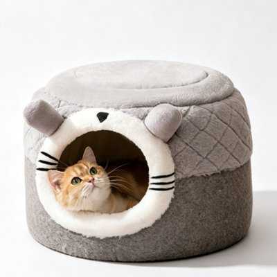 Cute Cartoon Closed Cat Cave Bed, Soft Warm Tree Stump Pet House, Cozy Fleece Enclosed Nest for Kittens, Small Puppies