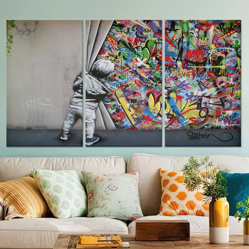 «Banksy Boy Graffiti Art»: art mural imprimé sur toile pour un décor moderne, toile tendue 3P, 23,6 po H x 47,2 po l