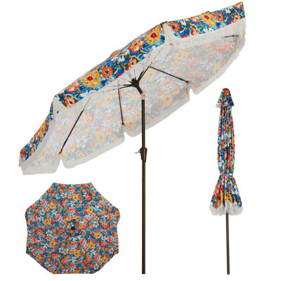 10FT Fringe Patio Umbrella with Crank Handle, Push Button Tilt for Sun Shade,8 Fiberglass Ribs,1.5" D Premium Steel Pole