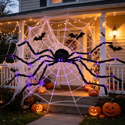 Décoration d'araignée géante d'Halloween pré-illuminée de 119 cm (47 pouces) avec pattes flexibles et lumières DEL violettes, fonctionne sur piles, accessoire de jardin intérieur/extérieur