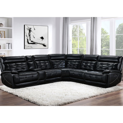 Black Leather Dual Power Sectional , Featuring , Contrast Stitching, And A Console With Storage Charging For Relaxing Living Room Environment Reclining In Black, Crafted Top Grain Leather, Experience
