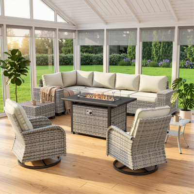 Ensemble de conversation modulaire de patio 10 pièces avec table de foyer et chaises berçantes pivotantes