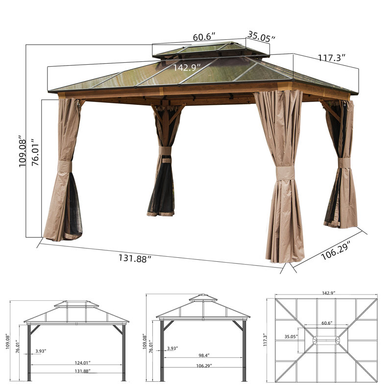 Aluminum Patio Gazebo Permanent Double Polycarbonate Roof Canopy, 12 ft x 10 ft, Brown