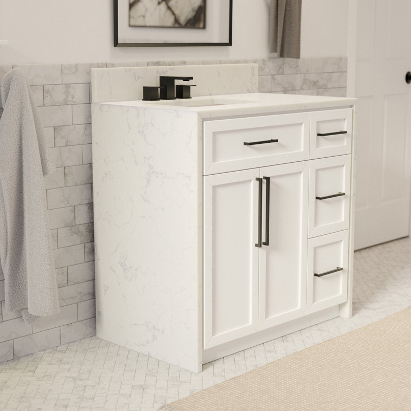 Akalya 36'' Single Bathroom Vanity with Engineered Stone Top, White