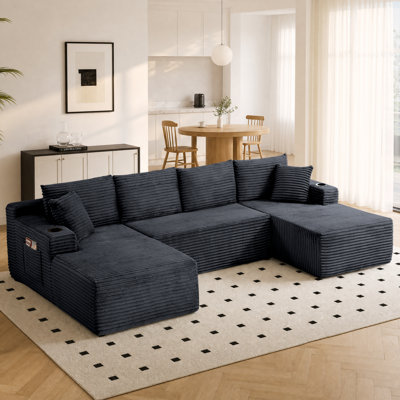 Canapé modulaire à compression en U 134 pièces 3 pièces en velours côtelé avec ensemble de méridienne et porte-gobelet et poche latérale, sans assemblage requis