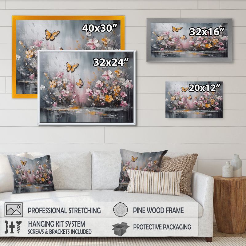 Fleurs de Rylène avec papillons blancs II - art mural floral grand, H 30 po x l 40 po x P 1,5 po, Cadre noir