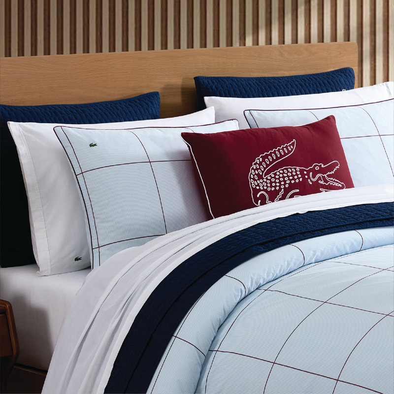 Lacoste Tennis Check Cotton King 3-Piece Light Blue Comforter Set, King Comforter + 2 Shams, Lt. Blue Tennis Checks