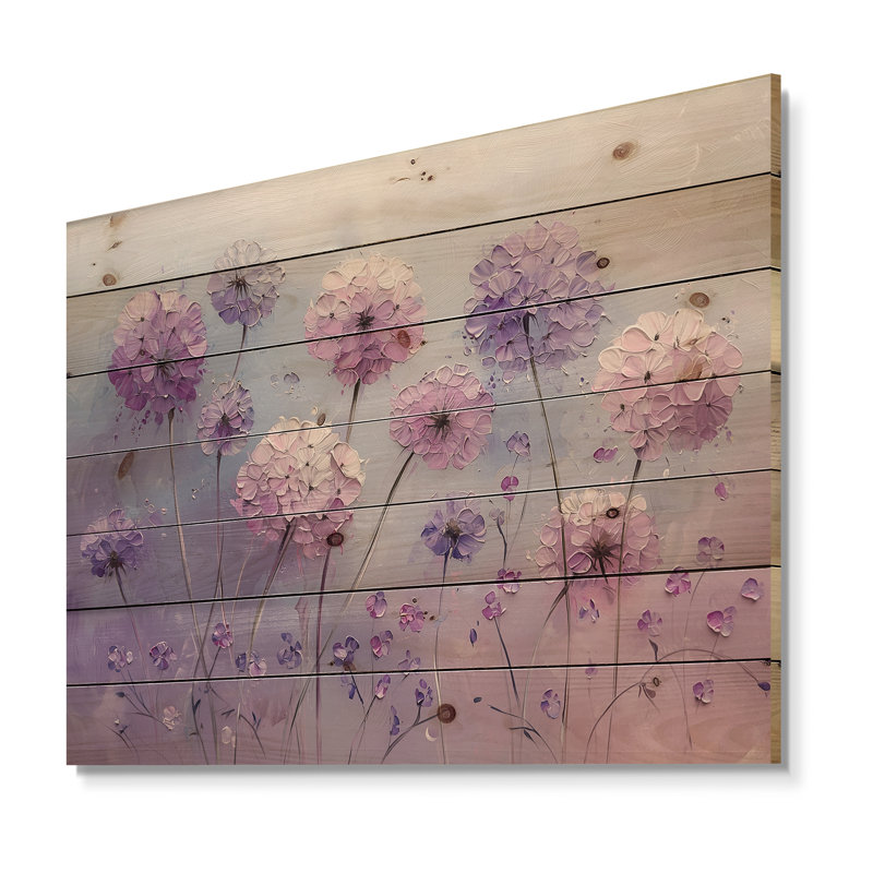Lavand Dandelion Winter Field I - Art mural en bois de pissenlit - sur bois de pin naturel, H 30 po x l 40 po x P 0,78 po