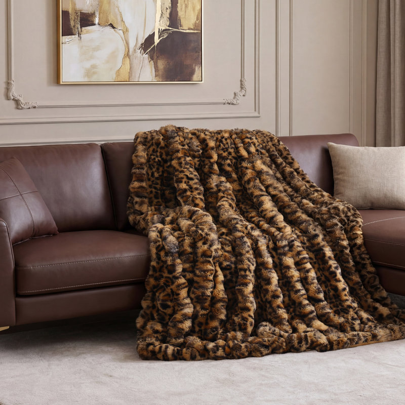 Jeté en fausse fourrure pour canapé - molleton moelleux et moelleux brun léopard, couverture moelleuse moelleuse pour canapé et lit, jeté 50 po x 60 po