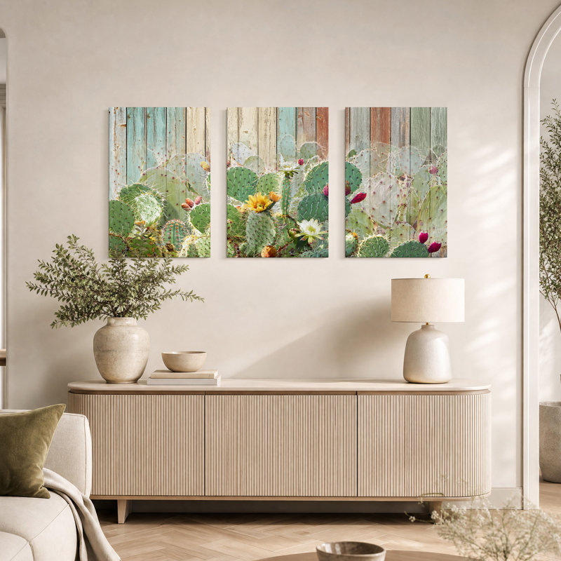 Cactus figue de barbarie avec fleur jaune sur une clôture en bois, ensemble de 3 toiles, H 18 po x l 12 po x 3 pièces