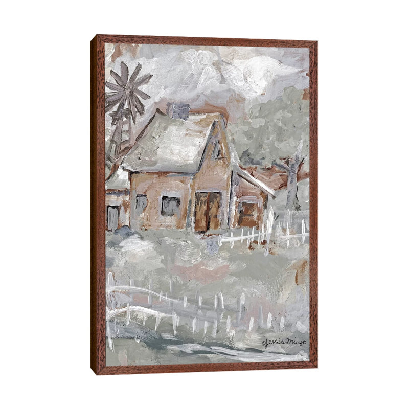 House by Jessica Mingo - Painting on Canvas, 66.04cm H x 45.72cm W x 3.81cm D, Classic Brown Wood Floater Framed