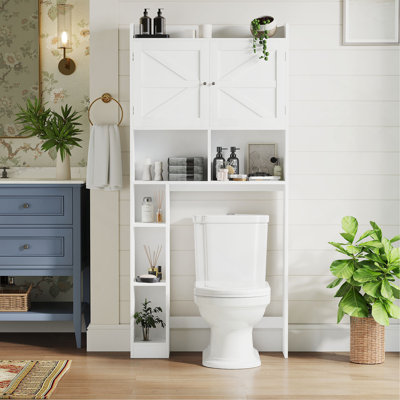 Armoire de rangement au-dessus de la toilette avec tablette réglable, économiseur d'espace de salle de bain avec portes doubles et tablettes ouvertes, support de rangement de toilette autoportant pour le rangement de la salle de bain - Blanc