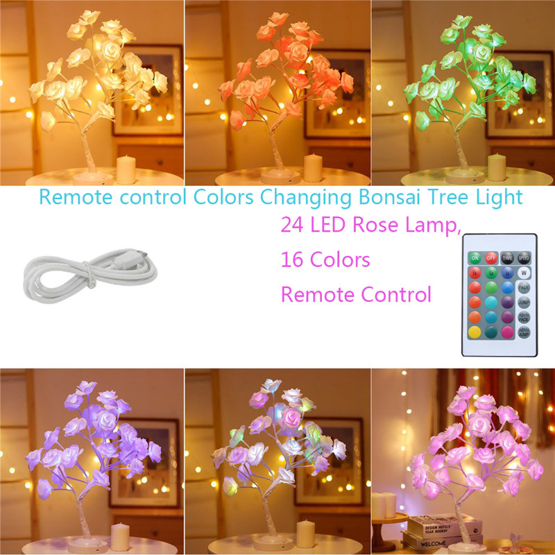 16 Colour RGB Rose Lamp,Colour Change 24 Led Rose Tree Lamp,Remote Control Rose Table Lamp