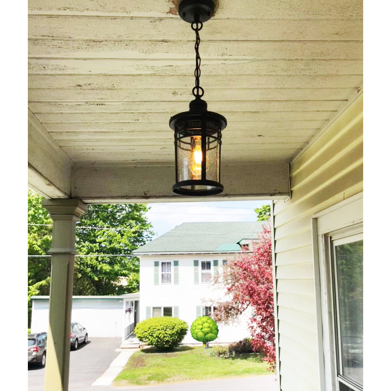 Luminaire suspendu noir d'extérieur avec verre ensemencé, lanterne à chaîne réglable pour vestibule de patio