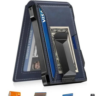 Men's Rfid Blocking Slim Pop Up Wallet With Money Clip & 2 Id Windows, Minimalist Bifold Metal Card Holder (navy, Carbon Fiber & Aluminum)
