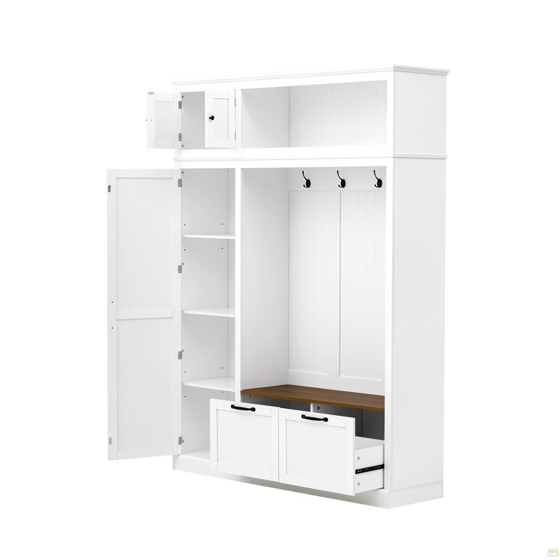 3-in-1 Hall Tree with Overhead Storage Cabinet, 3 Adjustable Side Shelves, 4 Heavy-Duty Hooks, 2 Spacious Drawers, Grooved Back Panel Design, Contrasting Seat Bench, Multifunctional Entryway Organizer