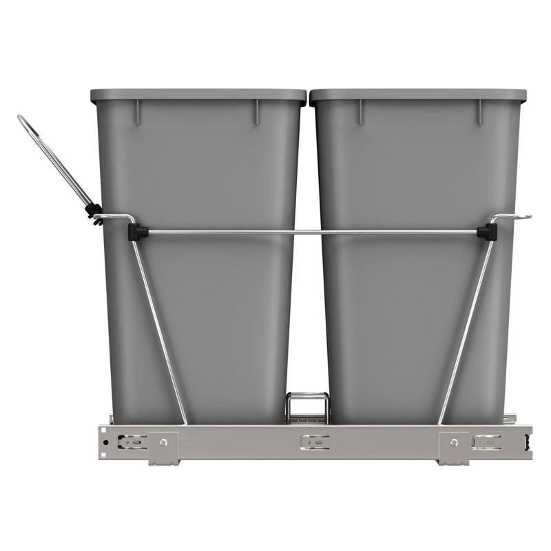 Metallic Silver Double Pull-Out Trash Can for Kitchen Cabinets