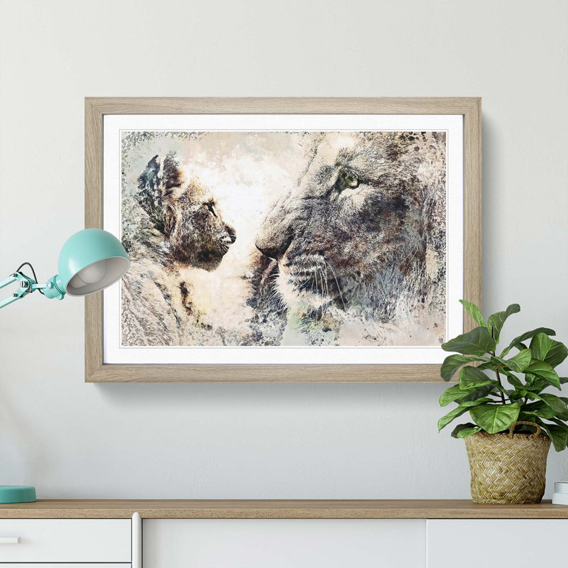 Lion Cub with Its Mother in Abstract - Picture Frame Painting Print, 36cm H x 48cm W x 2cm D, Oak Framed