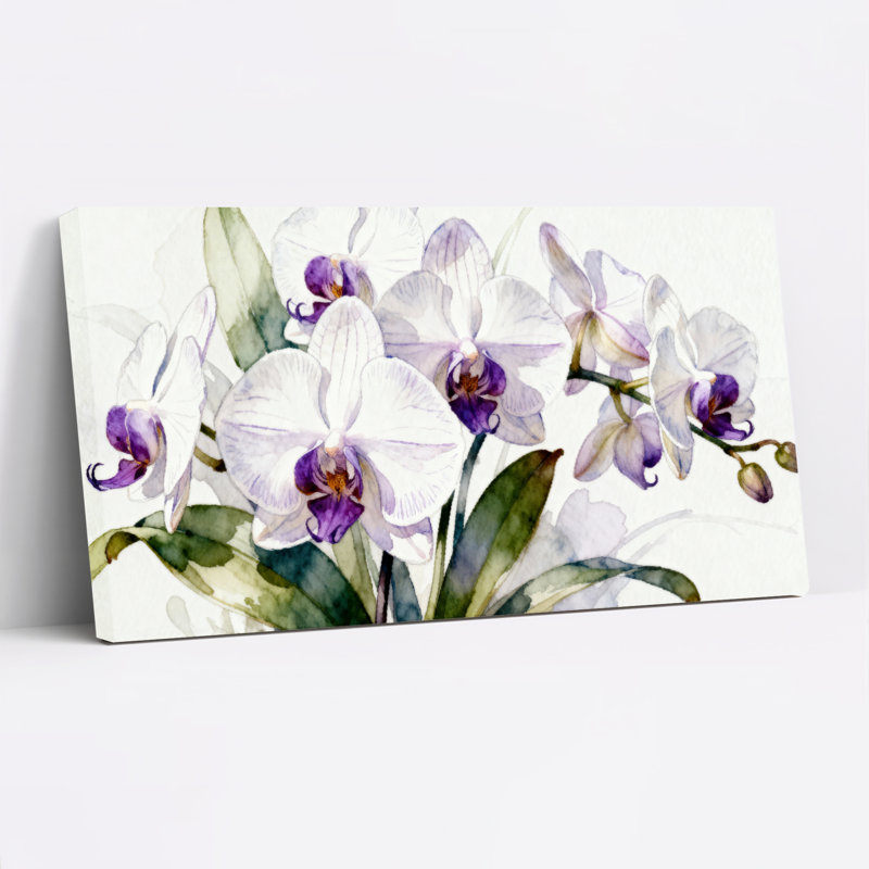 Orchidée aquarelle sur toile, ensemble de 1 reproduction d'art sur toile tendue, H 12 po x l 36 po