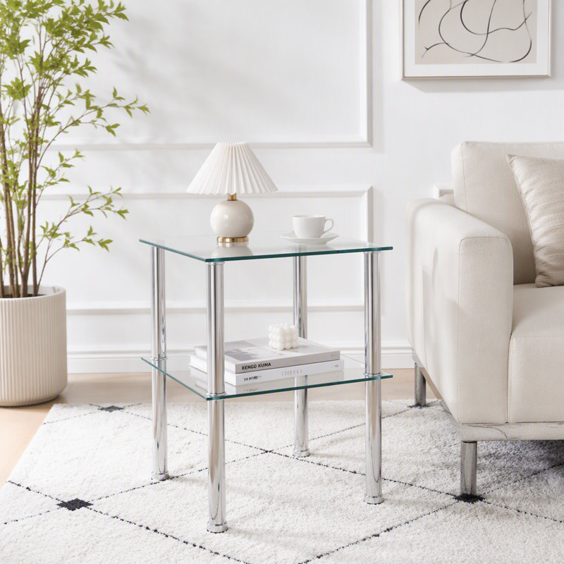 Ensemble de 2 tables d'appoint transparentes, tables basses en verre à 2 niveaux avec tablette de rangement
