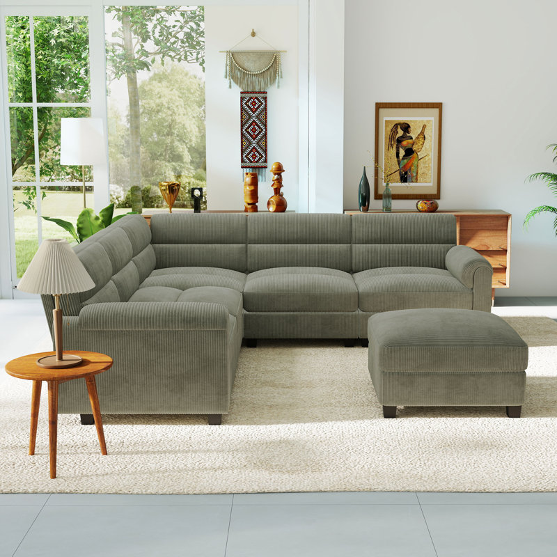 6-Piece Modular Sectional with Ottoman, Green Corduroy
