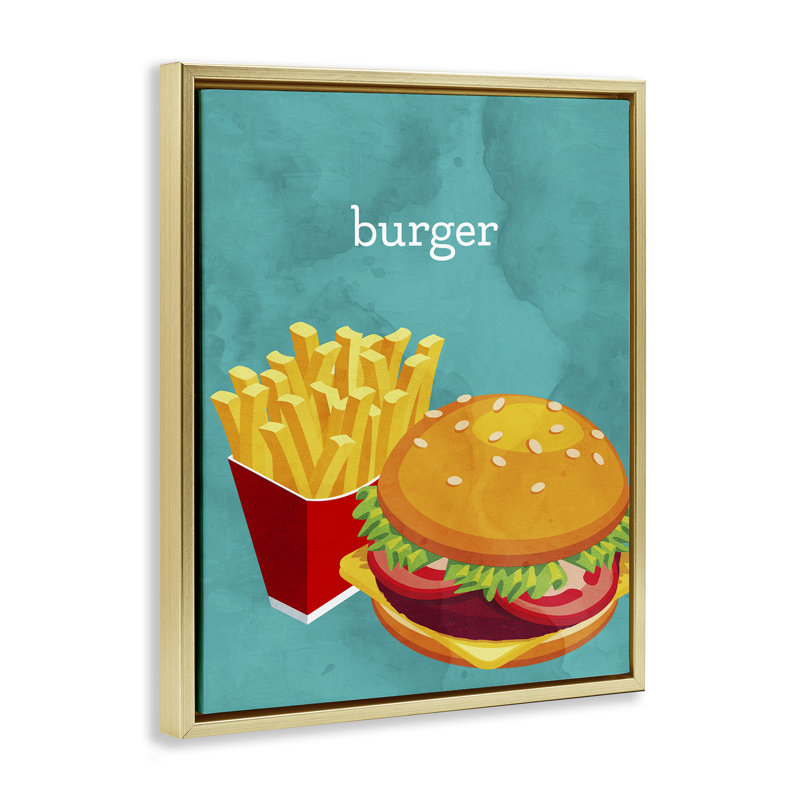 Cadre flottant satisfaisant Burger & Fries, design par Kim Allen, H 21 po x l 17 po, Cadre flottant métallique doré