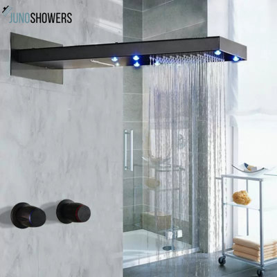 Système de douche à DEL Juno Waterfall Rainfall en bronze huilé: modernisation luxueuse et moderne de la salle de bain
