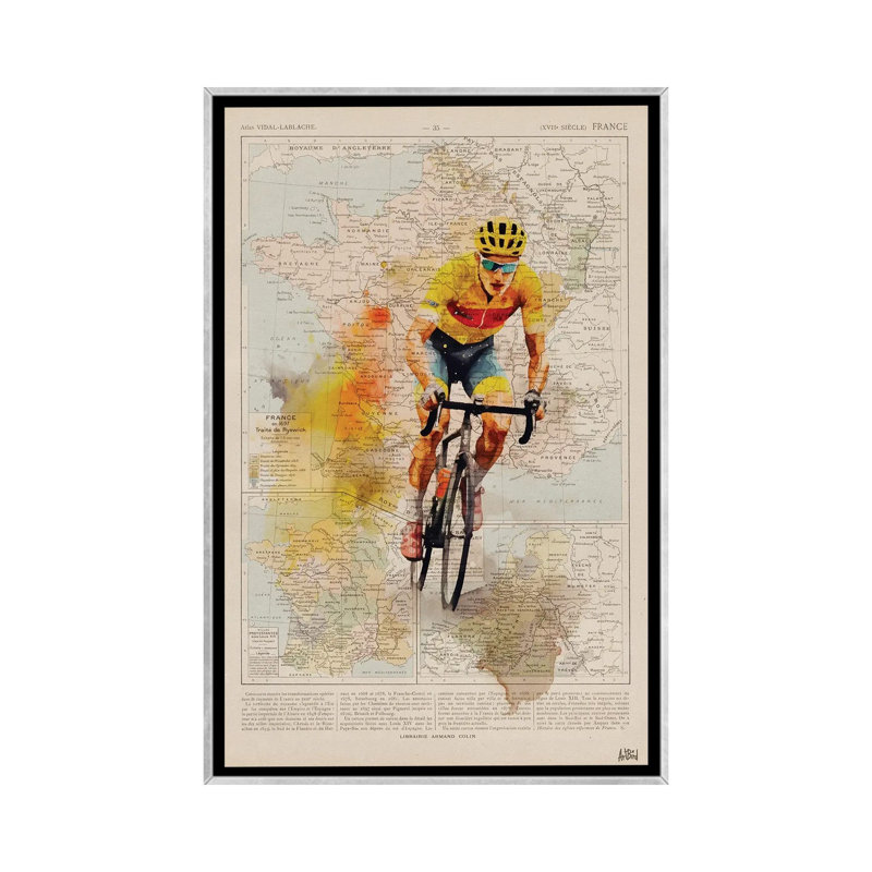 Tour de France, aquarelle, Toile argentée avec cadre flottant, Pas de tapis, H 48 po x l 32 po x P 1,5 po