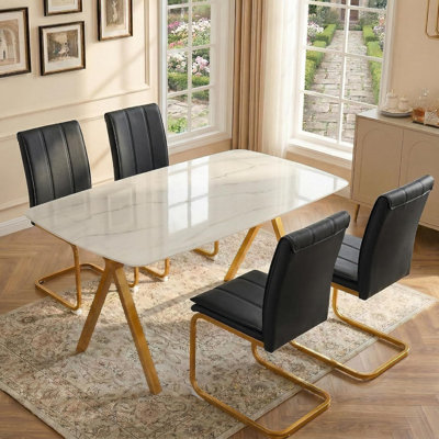 5-Piece Marble Design Rectangular Dining Set with Cantilever Chairs, Gold Table Leg