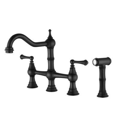 Matte Black Kitchen Faucet With Bridge Dual Handles And Pull-Out Side Spray, Brass, Corrosion, Leak-, 360-Degree Rotating Proportional Nozzle Faucet, Fluent