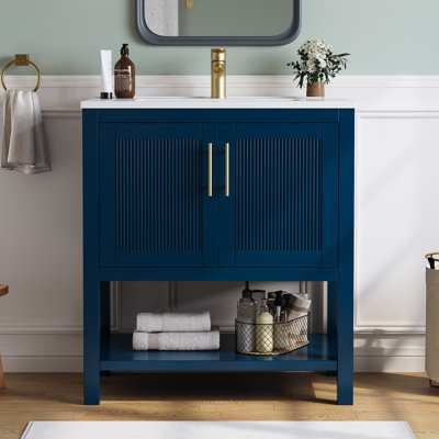 30" Freestanding Single Solid Wood Frame Bathroom Vanity with Composite Solid Surface Top