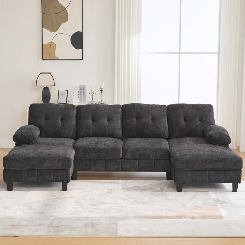 Canapé modulaire en U en chenille de 103,5 po avec double méridienne, poches de rangement et coussins d'accoudoirs pour le salon