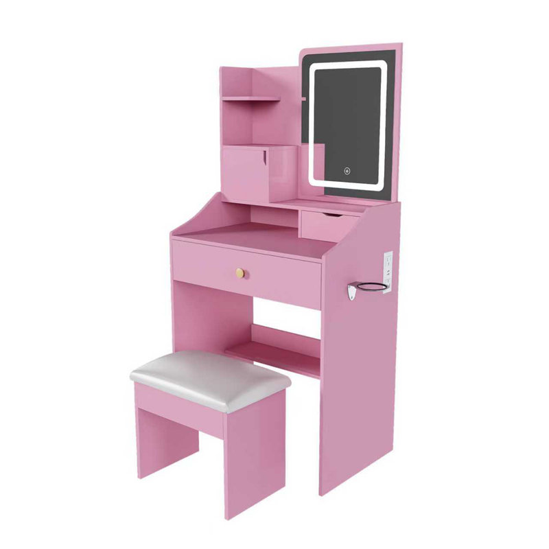 Miroir de coiffeuse 3 couleurs à DEL avec tabouret, coiffeuse rose pour la chambre à coucher, 2 tiroirs et 5 armoires de rangement (4 ouvertes + 1 cachée), éclairage réglable (rose)