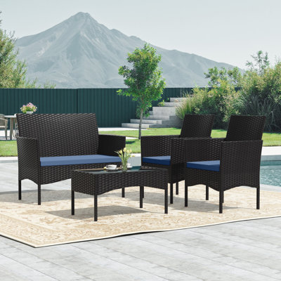 Illyes 4-Piece Outdoor Rattan Conversation Set with Cushions and Coffee Table Patio Furniture for Garden Balconyor Deck