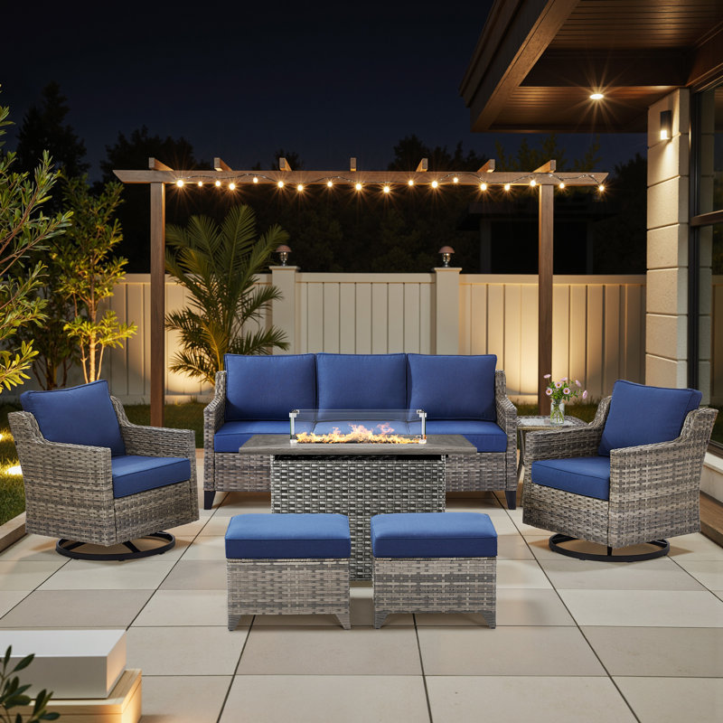 Maelie 7-Piece Outdoor Wicker Patio Fire Pit Conversation Set With Rectangle Fire Pit, Swivel Gliders, Ottomans And Side Table