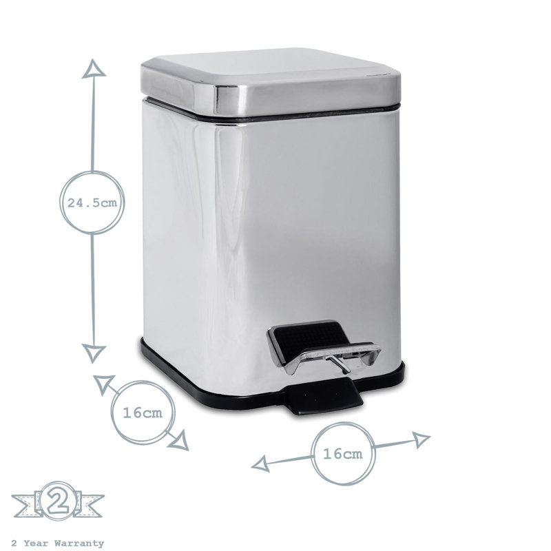 Harbour Housewares 3L Square Bathroom Pedal Bins, Chrome